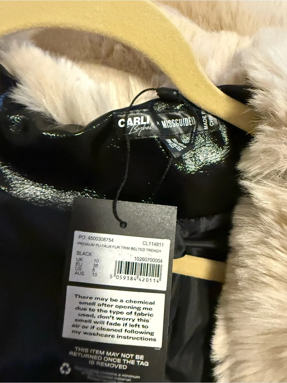 Missguided Black Faux Leather Trench Coat with Cream Faux-Fur Trim
